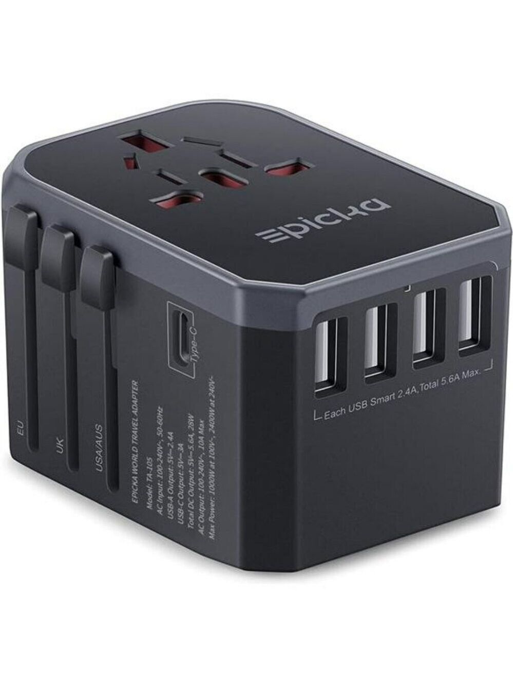 EPICKA Universal Travel Adapter USB C International Power Plug Charger Grey